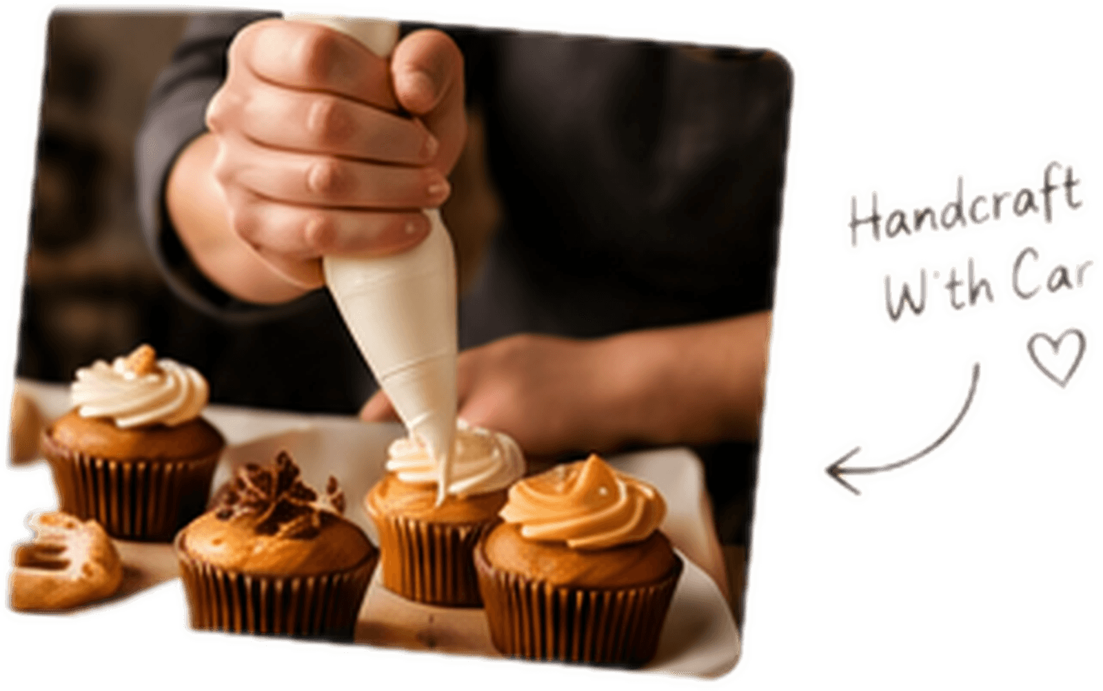 A baker piping cream frosting onto freshly baked cupcakes — handcrafted with care
