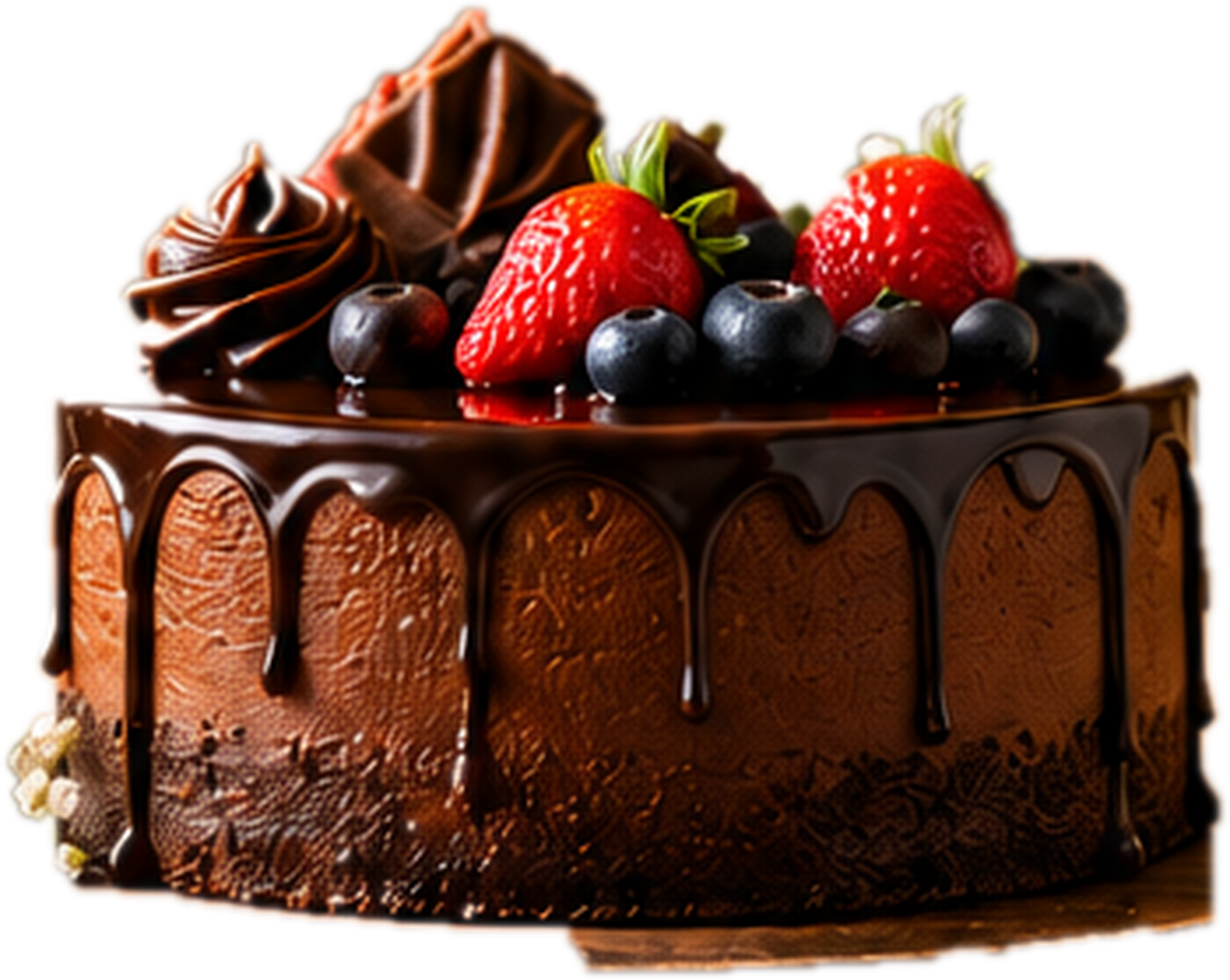 Chocolate drip celebration cake topped with fresh strawberries and blueberries from PuneBakes