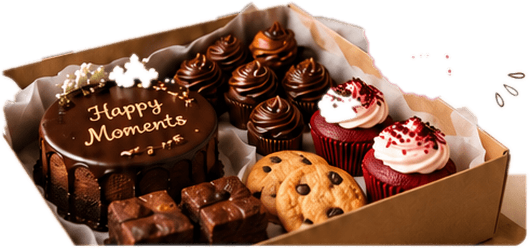 PuneBakes gift box with a Happy Moments chocolate cake, cupcakes, brownies and cookies
